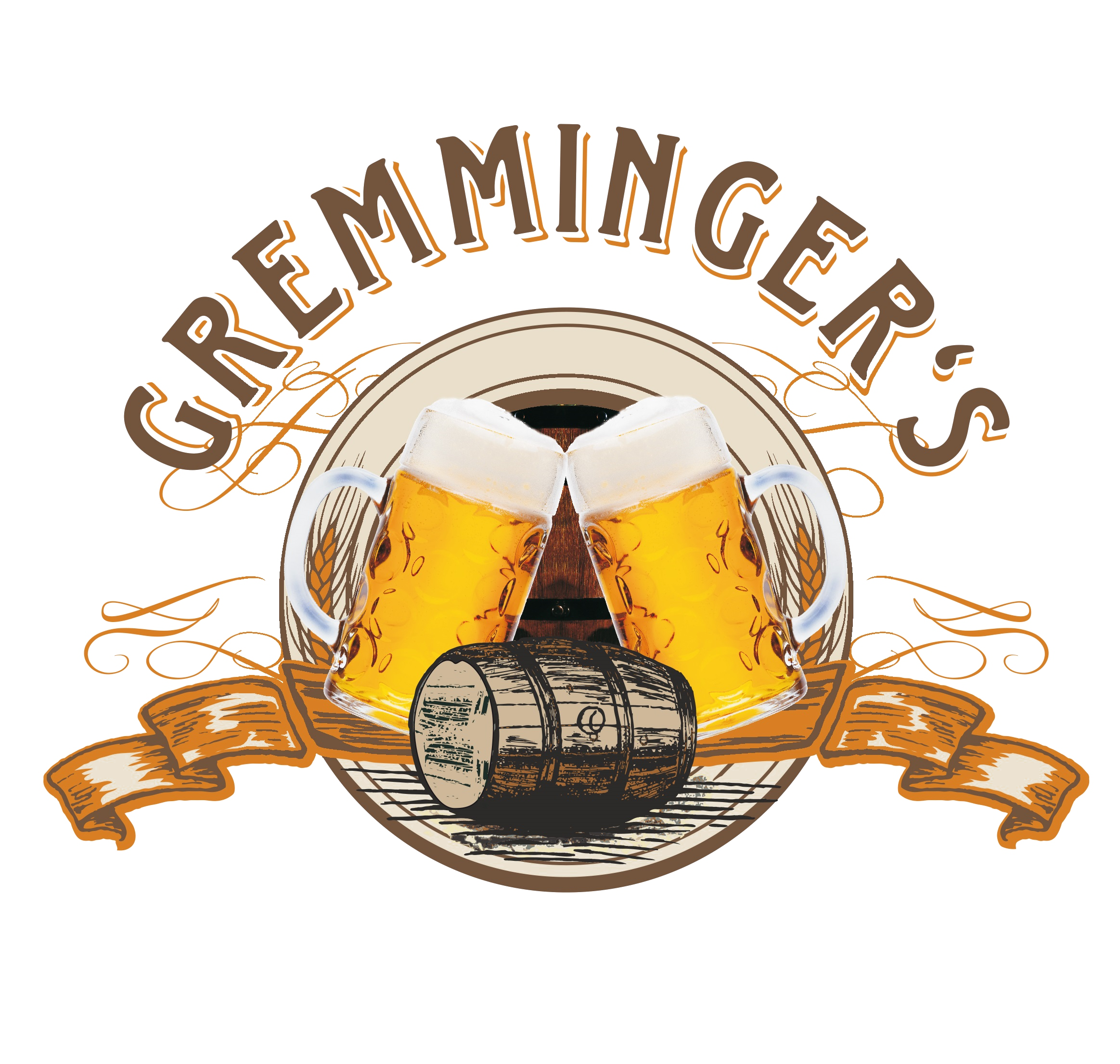 Logo von Gremminger's Fassbierpflegedienst mit zwei Bierkrügen und Holzfass