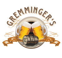 Logo von Gremminger's Fassbierpflegedienst mit zwei Bierkrügen und Holzfass